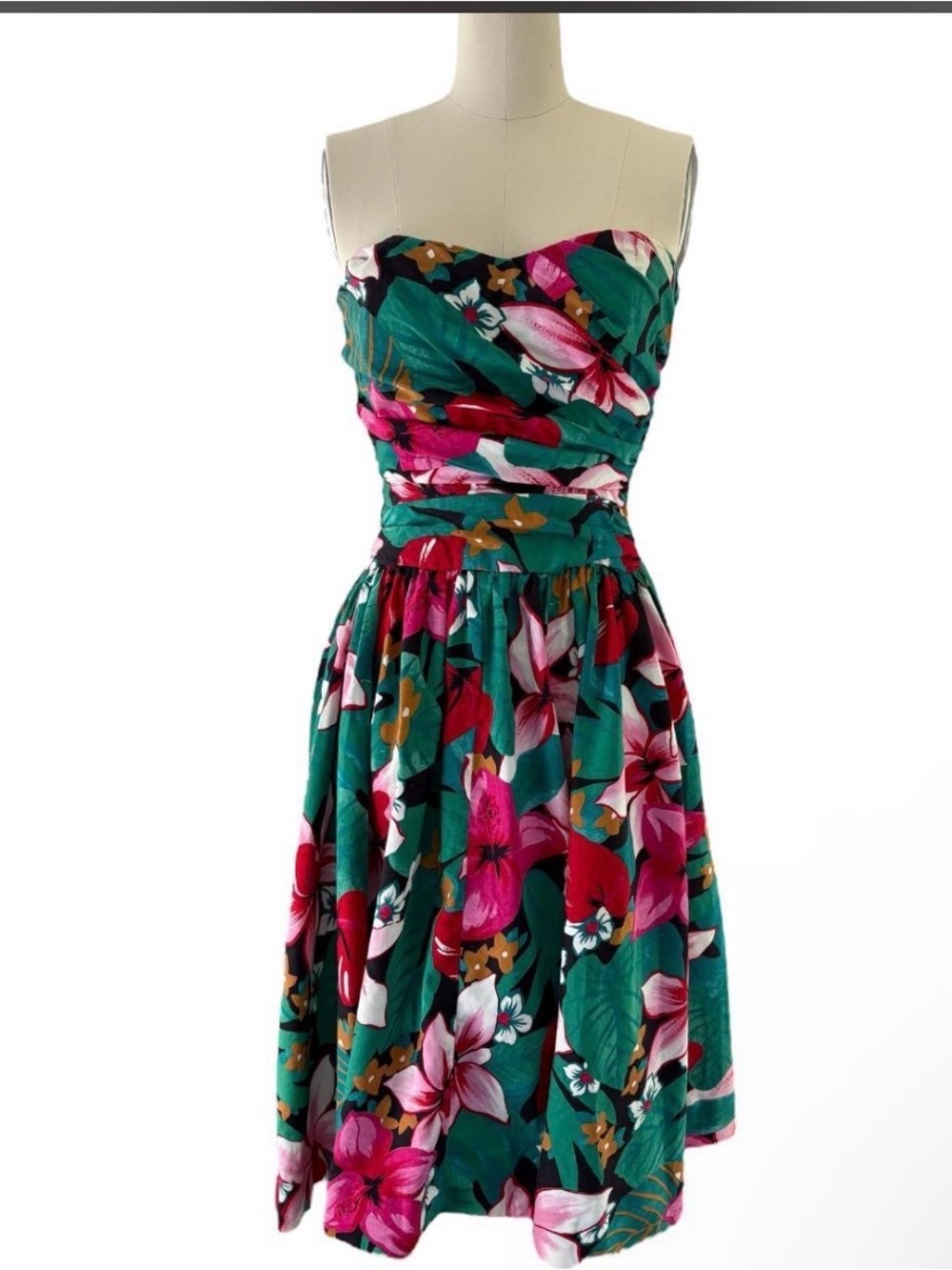 Floral Strapless Tea Dress in Green and Pink